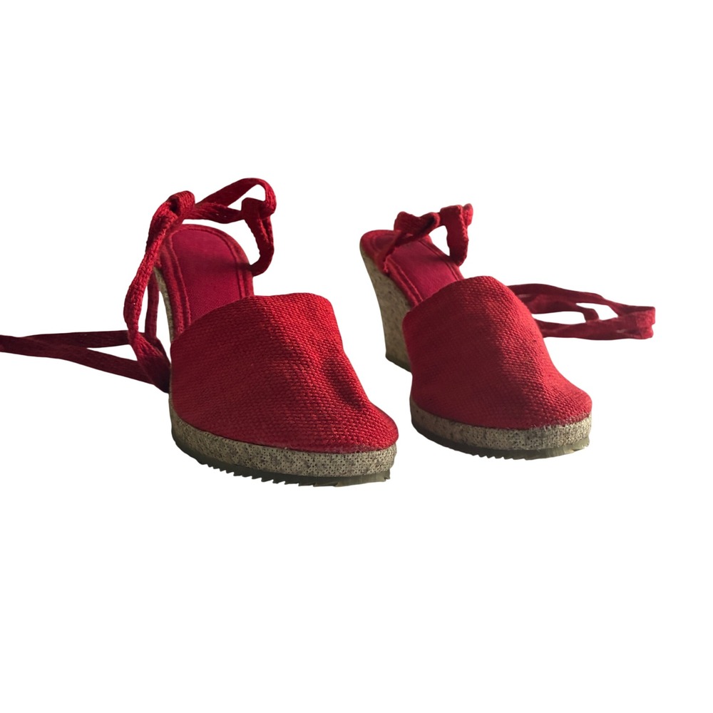 Artesania Espadrille Wedge Sandals Sz‎ 37 Cherry Red Lace Up Ankle Tie Like New